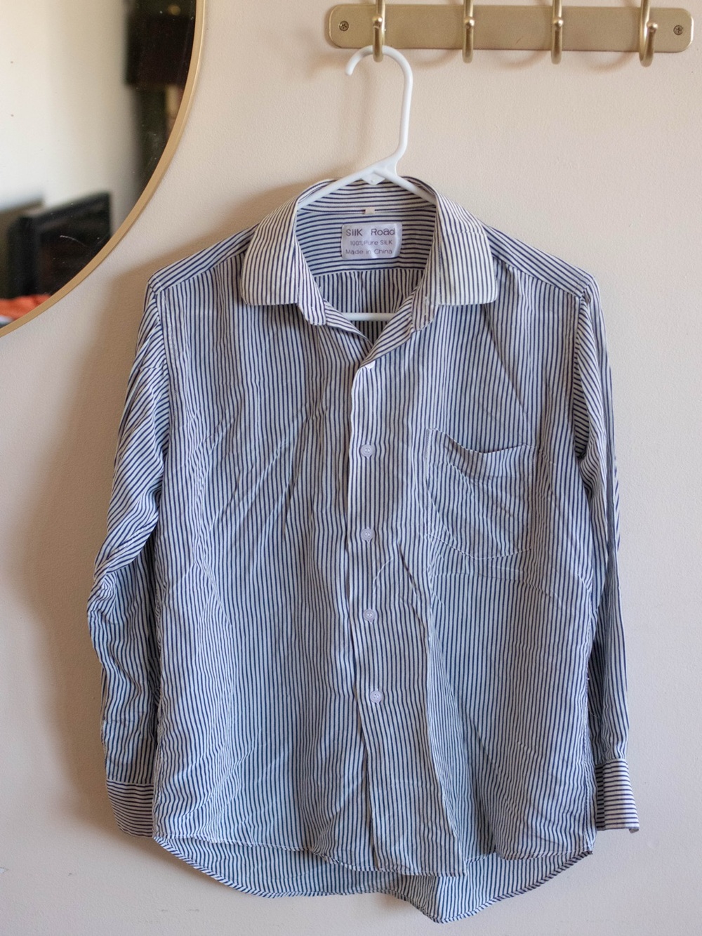 100% Silk Blue & White Stripe Button-Up Shirt
